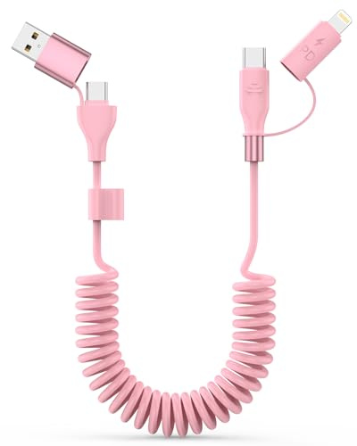 Car Carplay Cable, Coiled USB C and Lightning Cable 2-in-1, 60W 3A USB-C to Lightning Cable Type C to USBC Fast Charging Cord for Cell Phones/Tablets, Support iPhone CarPlay & Android Auto, 4FT/Pink