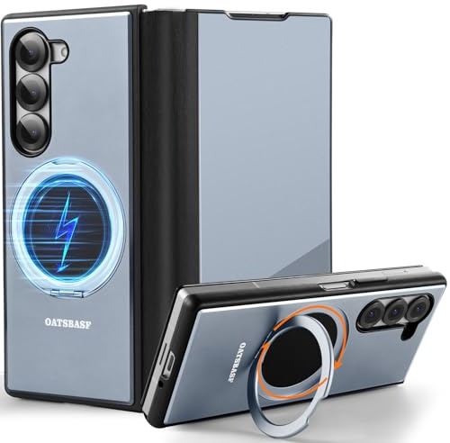 NIFBANG für Samsung Galaxy Z Fold 6 Hülle mit Magsafe,360°Drehbar Magnet Stander Handyhülle,[Echt Leder + Metall Aluminium] Stoßfest Schutzhülle,Klappbar Flip Case Cover für Galaxy Z Fold 6,Grau