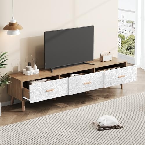 ZKLOEP TV Low Panel Vintage, 150x35x39cm TV-Schrank Holz TV-Tisch - Wohnzimmer Schlafzimmer, helles Holz, Vintage Grain weiße Türverkleidung