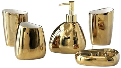 Seifenspender Bad 4/5-teiliges Badezimmer-Zubehörset mit Pumpspender, Becher, Zahnbürstenhalter und Seifenschale, Badezimmerzubehör(5 Pcs Gold)