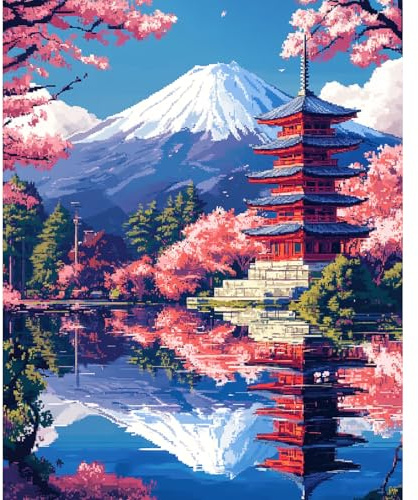 QENSPE Peinture par Numéros Adulte Mont Fuji DIY Peinture Numero Adulte Débutants 40x50cm Temple Numéro d'Art Kit Paint by Numbers for Adults Décoration Murale et Cadeaux Pour La Maison