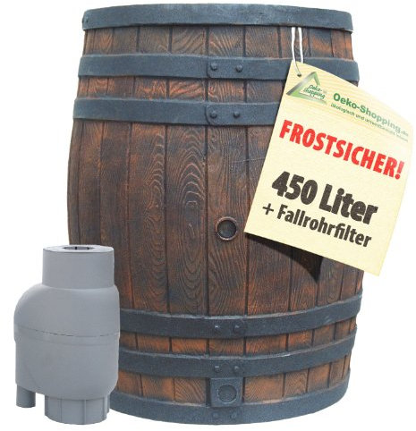 REGENTONNE REGENFASS WASSERFASS REGENWASSERBEHÄLTER REGENWASSERFASS GARTENFASS (Eichenfass 450l mit T33 Grau)