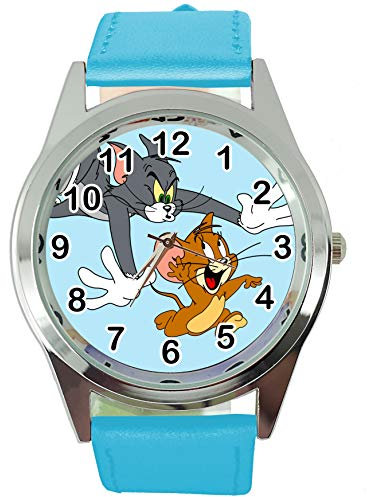 Taport® Tom und Jerry Quarz-Armbanduhr, rund, SCI FI, echtes Lederband, inklusive Ersatzakku und Geschenkbeutel, Blau