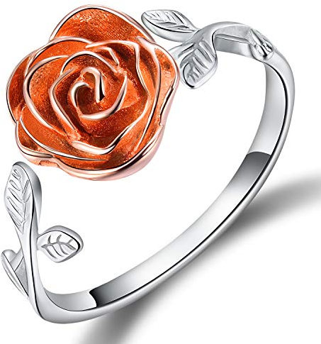Esberry Bague ouverte en argent sterling S925 en forme de rose 3D réglable pour femmes et filles, Argent sterling, Zircone cubique
