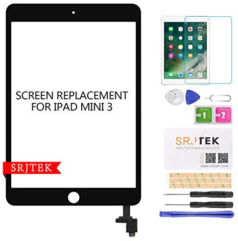 SRJTEK Touchscreen Ersatz für iPad Mini 3 7,9 Zoll A1599 A1600 A1601 Touchscreen Digitizer Glas Bausatz (ohne Home-Taste) + vorinstallierter Kleber + Werkzeug + gehärtetes Glas (schwarz)