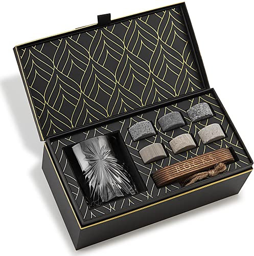Whiskey Steine & Umweltfreundliches Kristall Whisky Glas Geschenkset - 6 Handgefertigte Runde Granit Kühlsteine - Whiskey Glas Soleil aus Europa (315 ml) - Tablett aus Hartholz - Geschenkbox Von Rocks
