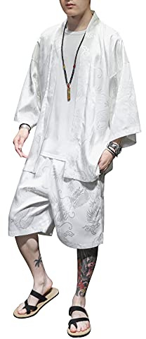 DOSLAVIDA Kimono pour homme - Style japonais - 7 manches - Short ouvert sur le devant - Yukata, blanc, Large