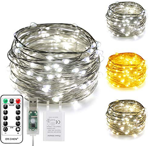 ErChen USB-Zweifarbige LED-Lichterketten, 33FT 100 Leds Farbwechsel Dimmbar 8 Modi Silber Kupferdraht-Lichterkette mit Fernauslöser für Indoor Outdoor Weihnachten (warmweiß, weiß)