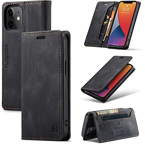 TOHULLE for iPhone 12 iPhone 12 Pro Case, Vintage Wallet Case Card Holder Kickstand Built-in Magnetic Flip Folio Leather Case for iPhone 12 Pro - Black