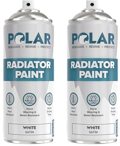 Polar Satin White Radiator Spray Paint - 2 x 400ml | Heat Resistant up to 100ºC | Quick Drying & No Primer needed | Exterior Surfaces of Radiators & Hot Water Tanks | Heat Resistant Radiator Paint