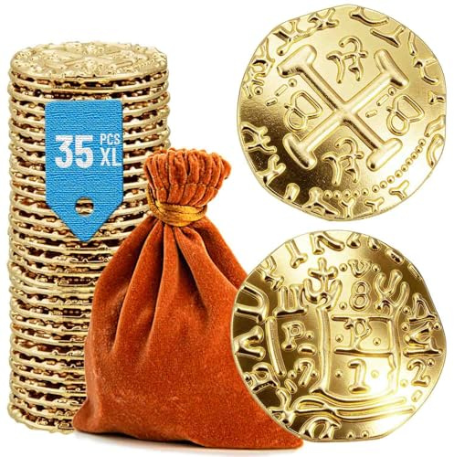 Prefdo Metal Pirate Coins, 35PCS X Large Gold Treasure Coin Set Spanish Doubloon Replicas Fantasy Metal Coins Pirate Gold Coins for Board Games Tokens Pirate Party Cosplay