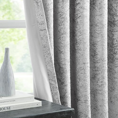 Bujasso Silver Velvet Room Darkening Curtains 54 inches Long Crushed Velvet with Microfiber Lining Window Curtains for Living Room Bedroom Pencil Pleat Window Drapes Set of 2 Panels W66 x L54 Sliver