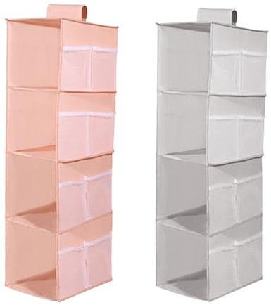 DQZSY Lot de 2 étagères suspendues pour penderie, 4 Compartiments, avec 12 Poches latérales en Filet pour Armoire familiale, Chambre à Coucher, Pliables et Coupe Universelle (Gris et Rose)
