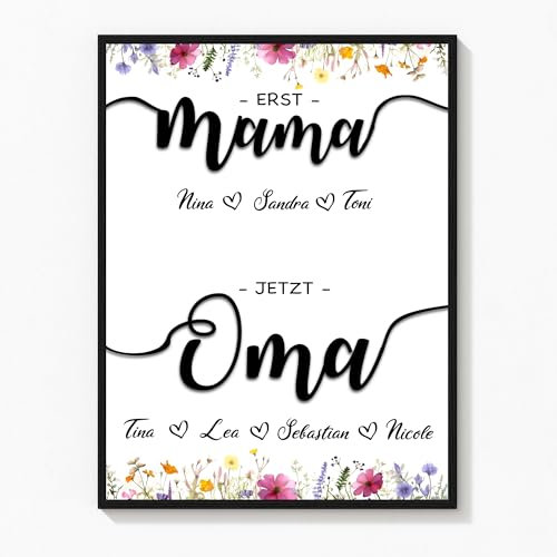 Deutsam Personalisiertes Poster erst Mama jetzt Oma Geschenk zum Muttertag Muttertagsgeschenk für Oma mit Namen von Enkeln Geschenk Geburtstag Mama (Herzen)