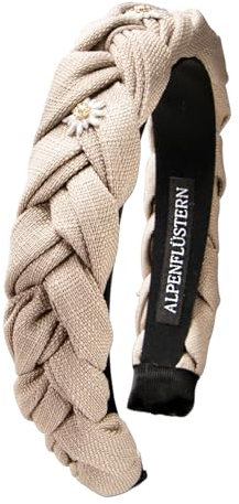 Alpenflüstern Trachten-Haarreif Leinen Flechtoptik & Strass-Edelweiß Greta - Damen Haarschmuck rutschfest, Haarband geflochten fürs Dirndl (taupe) ADV145