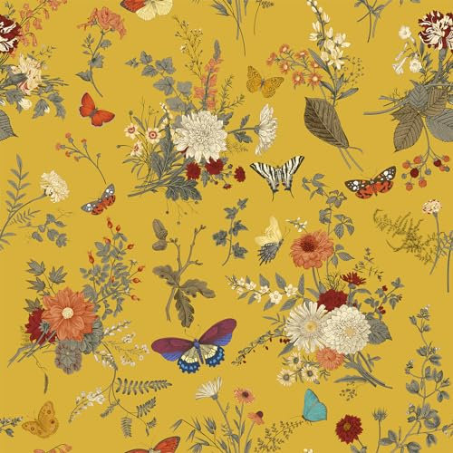 VEELIKE Yellow Marigold Floral Peel and Stick Wallpaper - Vintage Butterflies Flower Botanical Pattern for Bedroom Bathroom Wall Mural Cabinets - Removable 44.5cm×300cm