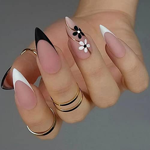 JUSTOTRY 24 Pcs Stiletto Press on Nails with Flower Designs,Matte Black and White French False Nails Long,Pretty Almond Stick on Nails for Women,Medium Oval Fake Nail for Nail Art