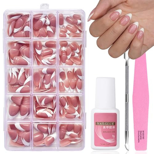 French False Nails - 240 Pcs Almond Press on Nails Set - Fake Nails Nude Pink Color French False Nail Kit - Cute Short Full Cover Stick on Nails Nail Art Manicure for Girls Women