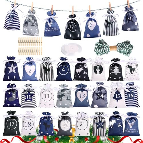 Adventskalend Stoffbeutel,24 Stoffsäckchen Kette zum Selber Basteln und AufhängenAdventskalender zum Befüllen Groß,Weihnachtskalender Basteln,Weihnachtskalender 2025 Selber Basteln (Blau)