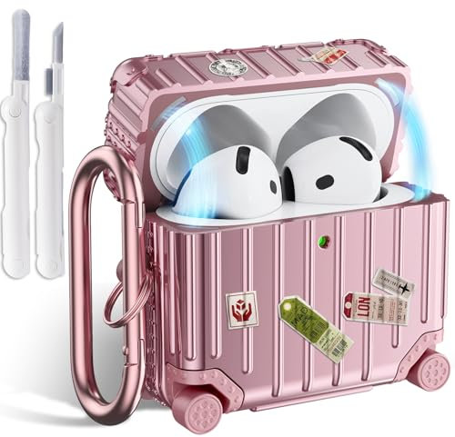 VISOOM Kompatibel mit Airpods 4th Generation Hülle, Cute Fashion Suitcase Design Soft TPU Protective Case für Airpods 4 pro Generation (2024) mit Reinigungsset, Rosegold