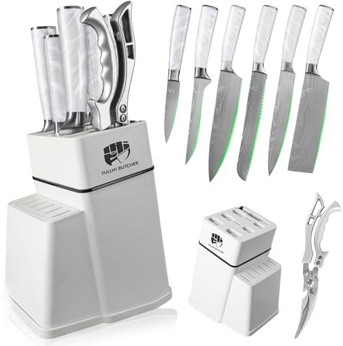 FULLHI 8-Piece Block Knife Set, Chef's Knife Set with Block and Sharpener, Kitchen Knives Set, Multicoloured Handle, Gifts for Men Women (White Resin)