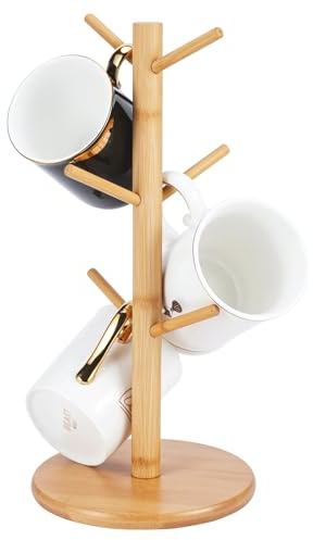 Yoeuikaoh Bamboo Mug Tree Holder, Upgraded Screw Type 6 Hooks Coffee Mug Holders, Decorative Mug Racks for Counter, Non-Slip Coffee Mug Cup Trees