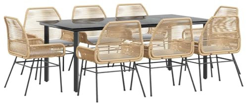 vidaXL 9-TLG. Garten-Essgruppe mit Kissen Braun Poly Rattan Glas, Outdoor Essgruppe, Essgarnitur Terrasse, Garten Essgarnitur, Terrasse Essgruppe