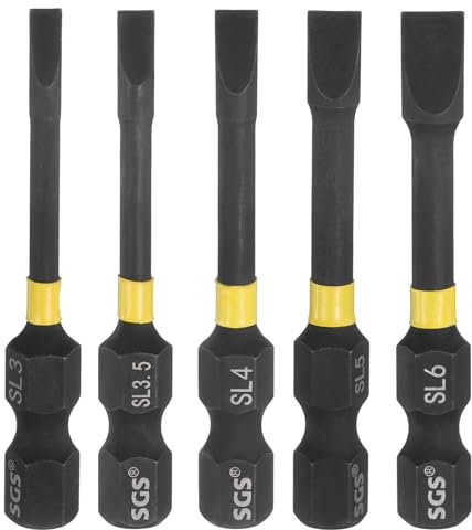 sourcing map 5pcs SL3-SL6 Slotted Impact Screwdriver Bits 3mm-6mm Slotted Tip 1/4 Hex Shank 50mm (2) Long Magnetic Flat Head Phosphated S2 Steel Screw Driver Drill Bits Electric Power Tool