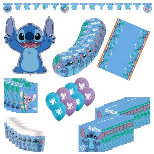 Procos - Juego de 55 piezas de decoración de cumpleaños, incluye 8 platos de papel, 8 vasos de papel, 20 servilletas, mantel, guirnalda, 8 globos, 8 bolsas de fiesta, decoración de mesa para