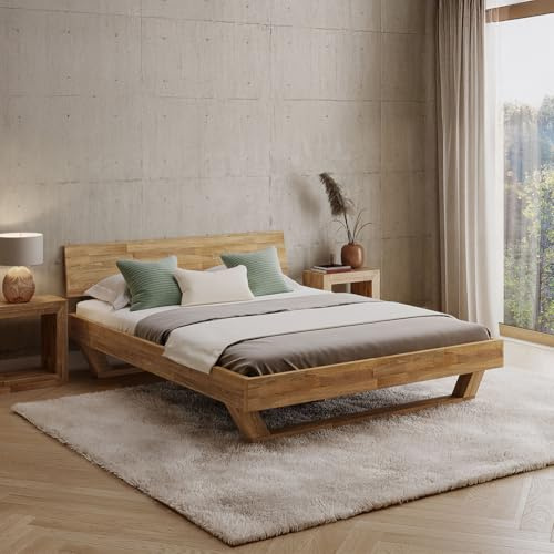 skølm Nornir Massivholzbett 160x200 cm, Bett mit Kopfteil, Massivholz Eiche | Bettrahmen mit 1 Strebe & Kufen Bettbeine, aus Massivholz, hochwertiges Holzbett, Bettgestell geölt, geeignet als Doppelbett