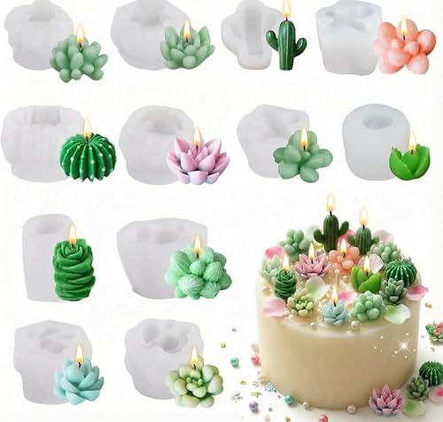 12 Pcs Candle Moulds, Succulent Silicone Molds Set for Beginners with Molds, 3D Flower Resin Molds for Candle Soap Wax Epoxy Resin DIY Craft