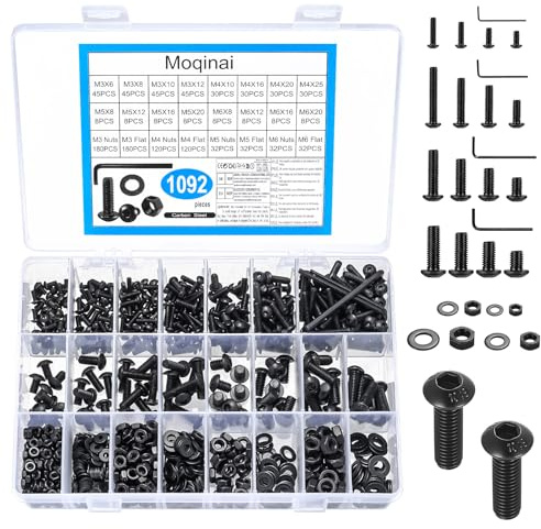 Set di 1092 viti M3 M4 M5 M6, testa tonda nera, viti a esagono incassato in acciaio al carbonio, viti, dadi, rondelle, set di viti filettate