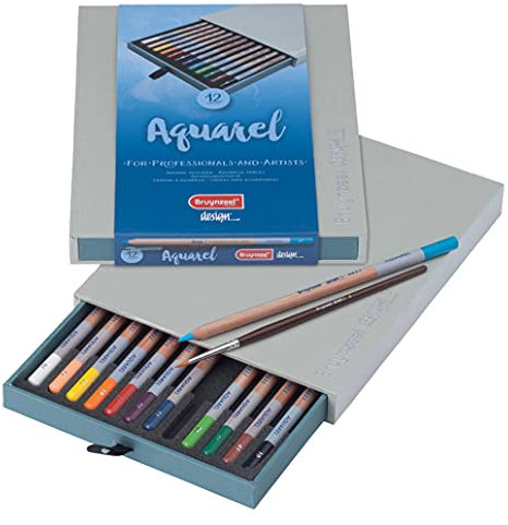 Bruynzeel Design Professionelle Aquarellstifte 12er-Set + Pinsel | Wasserlösliche Künstlerstifte zum Zeichnen, Kolorieren & Malen