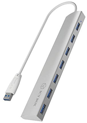 Icy Box IB-AC6701 7-fach USB 3.0 Hub mit integriertem USB-Kabel und Aluminium Gehäuse (inkl. 5 V / 4 A Stromadapter) silber