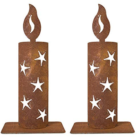 2 x Metallkerze Rost mit Sternenausschnitten Set Edelrost Flamme Kerze Stern Winterdeko Windlicht Made in Europa H=30 cm B2S BACK2SEASON