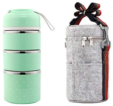 BESTONZON 1 Stück Edelstahl -Lunchbox 3 Etagen Isolierte Lebensmittelbehälter Lebensmittelbehälter mit Seilgriff Tasche für Kinder Erwachsene Camping Picknick Reisen (grün)