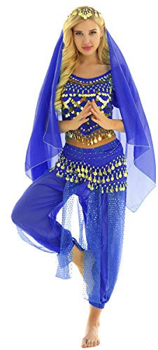 YiZYiF Damen Bauchtanz Kostüm Münzperlen Bauchtanz Oberteil Haremshose Kopftuch Hüfttuch indische Tanzkleidung Karneval Fasching Kostüm Royal Blau Einheitsgröße