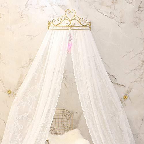 GE&YOBBY Baldacchino Letto in Pizzo,Corona Principessa Tenda Letto Zanzariera di Corte con Decorativo Drapery Metal Crown per Camera da Letto-Bianca