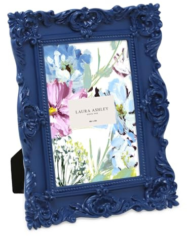 Laura Ashley Ornate Textured Hand-Crafted Resin Picture Frame with Easel & Hook for Tabletop & Wall Display, Decorative Floral Design Home Décor, Photo Gallery, Art, More (4x6, Navy)