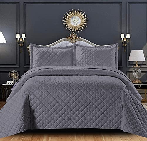 PRIME LINENS Super King Size Bedding Set - Grey Quilted Bedspread Throw + 2 Pillow Shams - Reversible Embossed Pattern Quilt Bed Cover for Bedroom Décor