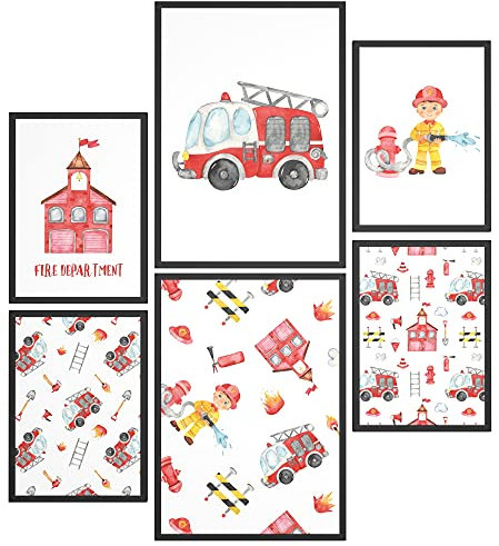 Papierschmiede® Bilder Kinderzimmer Kids Mood Poster Set Feuerwehr, Kinderzimmer Bilder Babyzimmer Deko, 2x DIN A4 und 4x DIN A5, Feuerwehrauto Löschen - Kinderposter ohne Rahmen