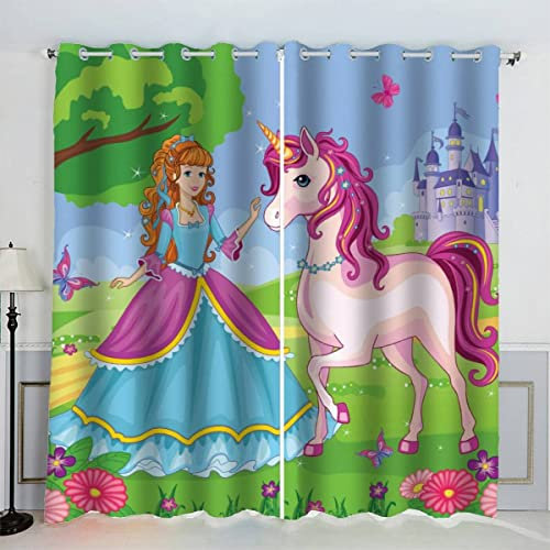 Aolity Vorhänge Ösen Gardinen Prinzessin Verdunklungsvorhänge Wohnzimmer Schlafzimmer Kinderzimmer Mädchen Jungen Pferd Vorhänge Blickdicht 140 x 160 cm (BxH)