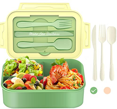 ANDIMEI Tupper Fiambrera Bento Lunchbox - 1300ml Loncheras para Infantil y Adultos, Caja Almuerzo con 3 Compartimentos y 3 Cubiertos, Sin BPA Tartera Aptos para Microondas y Lavavajillas