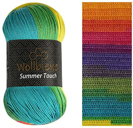 Wollbiene Summer Touch Batik 100 Gramm Wolle Mehrfarbig mit Farbverlauf, 100 Gramm merzerisierte Strickwolle Microfiber-Acryl (504 regenbogen 1)