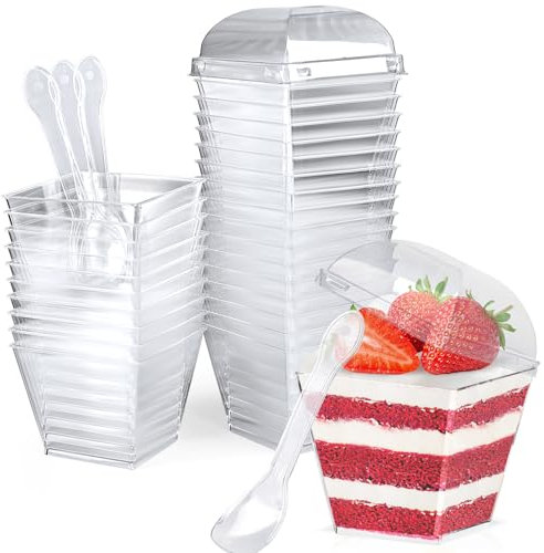 CoKeeSun 50 Stück Desserttassen mit Deckel und Löffeln 115ml/4oz Quadratischer Dessertbechern Set Wiederverwendbar Dessertbecher für Dessertparty Pudding Mousse Eis