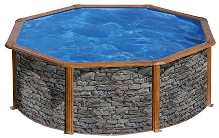 Paradies Pool® Gre Giant rund 300x120cm (Ø x H), Stahlwandbecken Stein/Holz, Poolplane in blau 0,4mm, Handlauf extra breit, inkl. Skimmer-Set und Leiter, Swimmingpool, Menge: 1 Stück