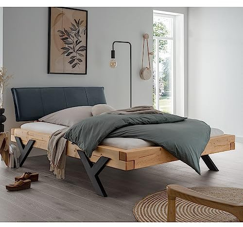 Lomadox Doppelbett Ehebett Bett Echtholz Massivholz, 180x200 cm, Fichte massiv, schwarzes Echtleder-Kopfteil, Schwarze Beine in Y-Form, B/H/T ca. 198/88/228 cm