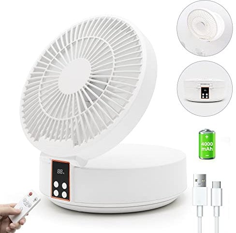 Silent Desk Fan, USB Small Table Fans 4000mAh Rechargeable Battery, Foldable Fan Powerful & Quiet Operation, Remote Control, Auto Oscillation, 6.7 Inch Portable Fan for Home, Office, Outdoor(White)
