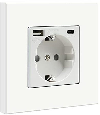 BSEED Enchufe de pared con 1 USB y 1 Tipo C,Blanco 16Amp Schuko Enchufe Simple on Panel de Plastico,toma de corriente con 2 x cargadores USB(Max. 2.1A) y Typ C adecuado para Smartphone MP3 Tablet