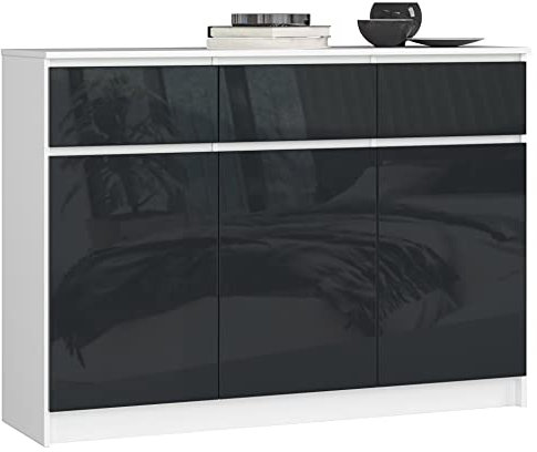 AKORD Kommode K 140 cm | 3 Schubladen und 3 Türen | für Wohnzimmer Schlafzimmer Büro Wohnzimmer | Modernes funktionales Design 16 mm laminierte Platte Farbe Weiß/Graphitglanz